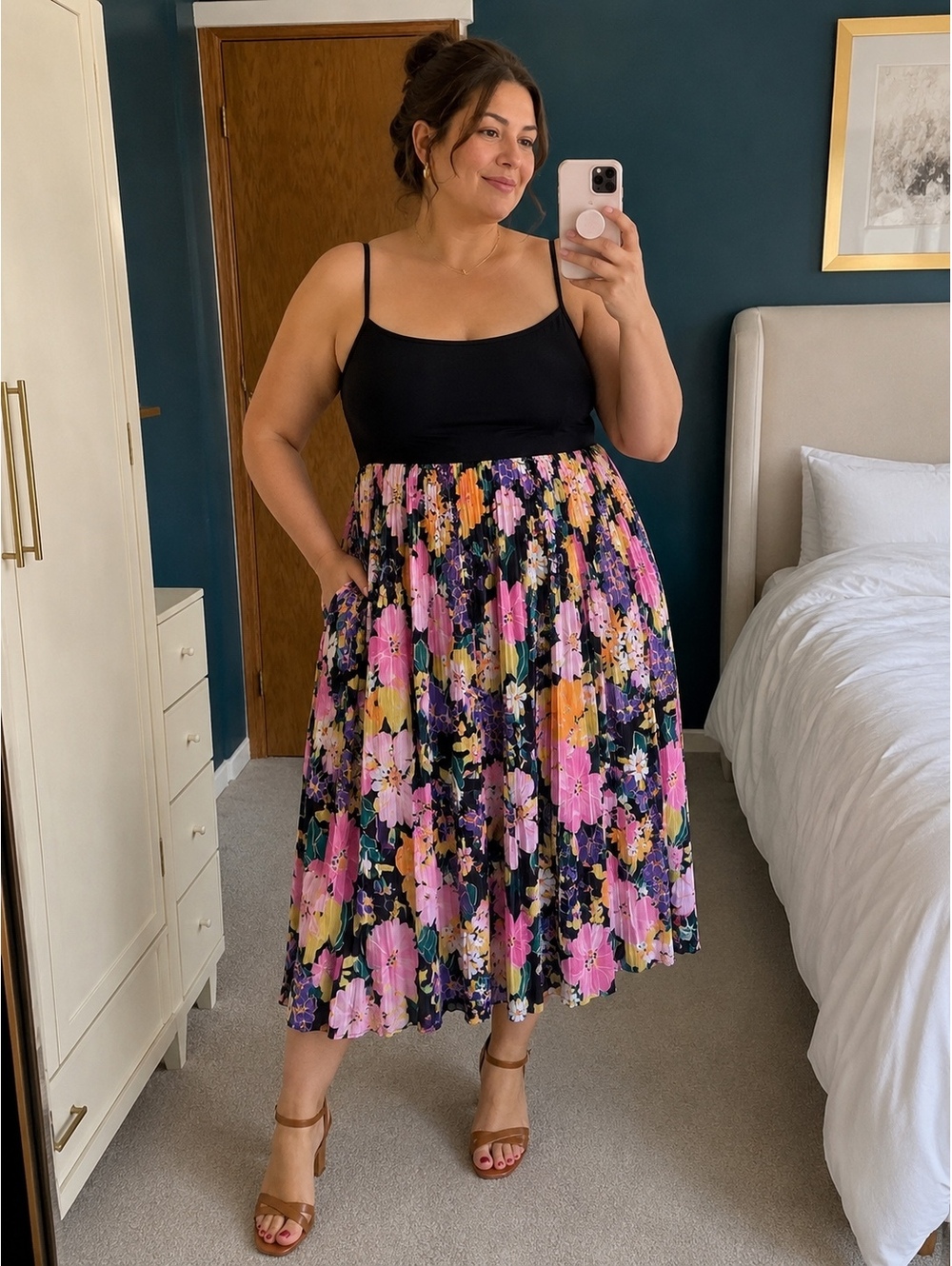 Gracia XL Black Pink Floral Pleated Midi Dress Sleeveless NWT Bloomingdale’s